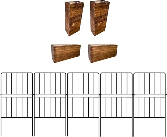 ShopLaLa Bundle- 20-Pack, 24 Inch Decorative Garden Fence + 4-Pack Set Wooden Box Planter Hanging Wall Pot Modern Vase Indoor Home No Dig Black Landscape Fencing Rustproof Metal Wire Border Outdoor