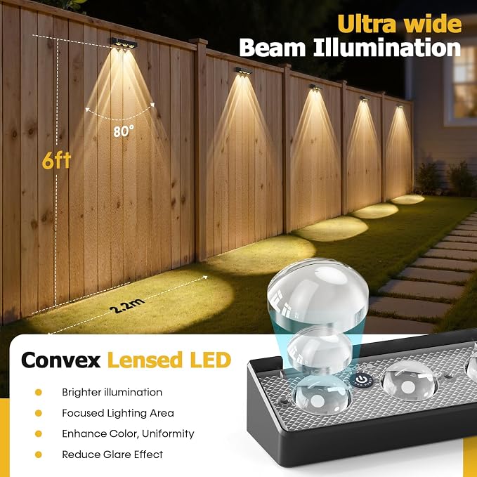 NIORSUN Solar Fence Lights, 12 Pack LED Outdoor Solar Deck Lights with Lenses, RGB Color, IP65 Waterproof, Solar Lights for Outside, Wall, Patio, Railing, Yard (Black)