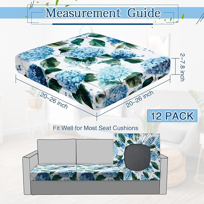 Newwiee 12 Pcs Patio Stretch Outdoor Cushion Covers Sofa Couch Cover Replacement Couch Slipcover Sofa Seat Chair Porch Patio Furniture Protector, Flexibility Washable(Blue Series,Hydrangea)