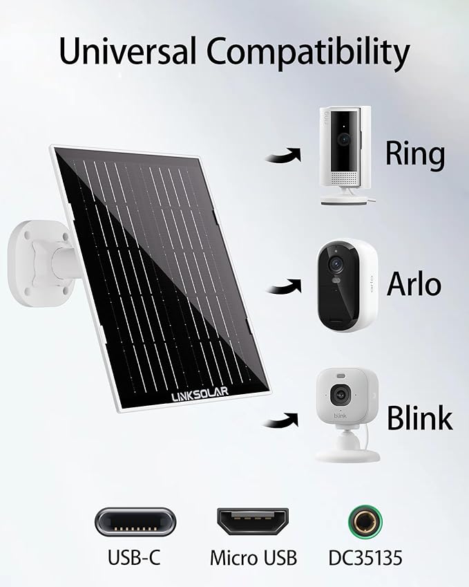 Solar Panel for Security Camera, 3W Solar Charger with Barrel Plug & USB C Port for Outdoor Rechargeable Battery Camera, IP65 Waterproof, 9.8ft Cable, 360°Adjustable Bracket