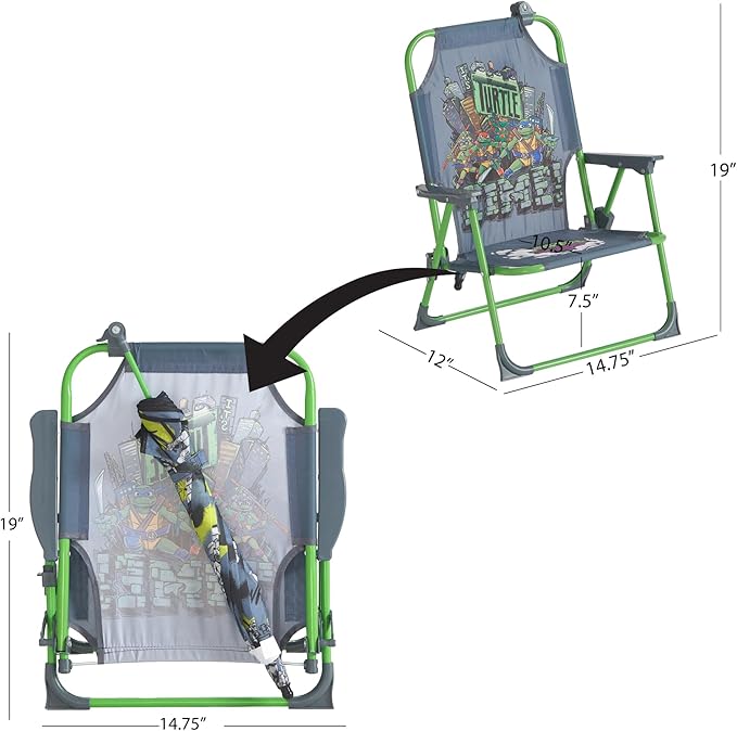 Teenage Mutant Ninja Turtles Kids Outdoor Folding Beach Chair with Umbrella,Portable Camp Chair for Ages 3+, Lightweight & Compact for Beach, Camping, and Backyard
