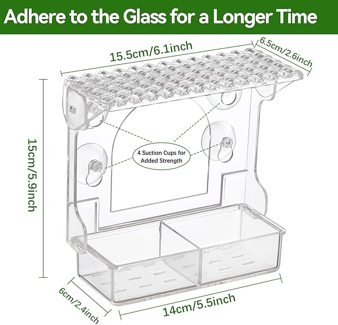 2PCS Window Bird Feeder with 4 Extra Strong Suction Cups, Clear Birdfeeders Bird House for Outdoors Window Viewing Outside, Removable Tray Birdhouse
