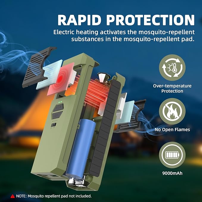 9000mAh Rechargeable Mosquito Repellent Device,Portable Outdoor Mosquito Repeller with 360° Coverage for 96 Sq.Ft,Dual-Zone Heating & LED Light for Patio,Camping,Fishing (Pad Not Included)