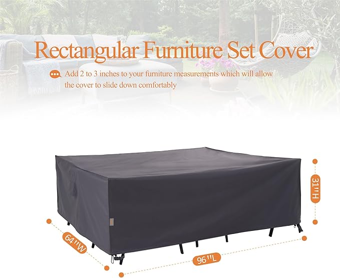 WJ-X3 Heavy-Duty Patio Furniture Cover, Waterproof & Windproof Outdoor Furniture Cover for Rectangle Table and Chairs, Fade-Resistant, 96" x 64" x 31", Gray