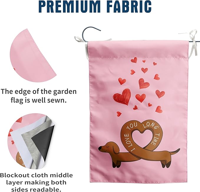 Dachshund Valentine House Flag Weiner Dog Valentines Day Garden Decorative for Outside 28 x 40 Double Sided I Love You Long Time Holiday Anniversary Yard Banner