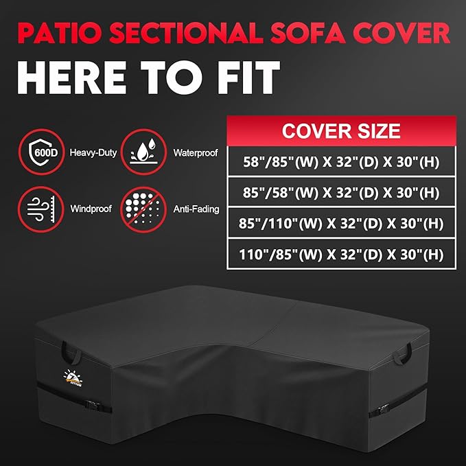 Zettum Outdoor L-Shaped Sectional Cover - 600D Patio Sectional Sofa Cover, Waterproof Patio Furniture Covers for 4-Seater Outdoor Sectional Sofa and Couch, Left Facing, 58x85 Inch Wide