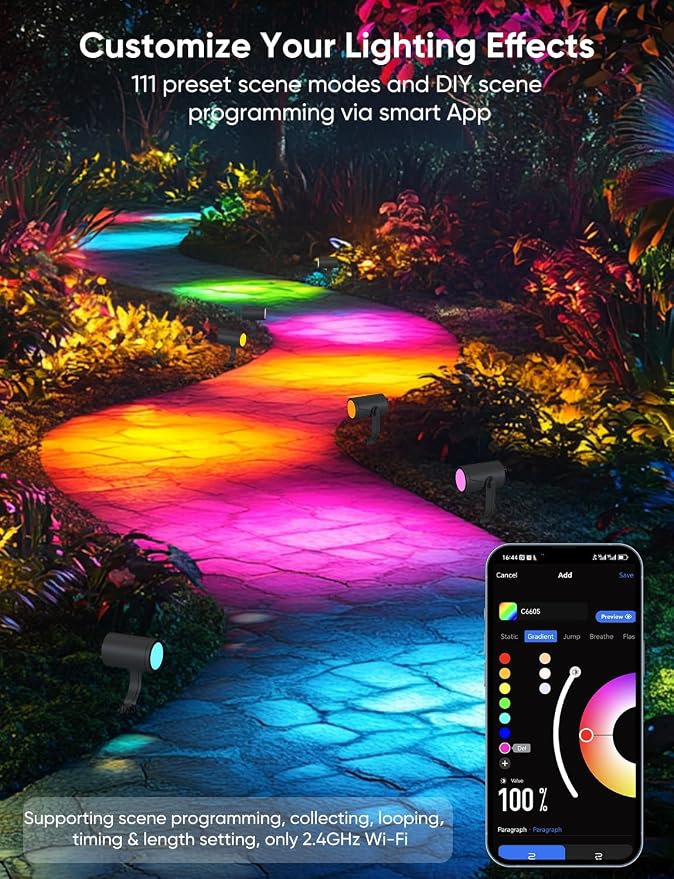 APPECK Smart Landscape Lighting Kit 24W, Color Changing Landscape Lights 4 Pack, RGBCW Outdoor Spot Lights IP65 Waterproof, for Garden Yard Pathway Holiday Decor, Compatible with Alexa