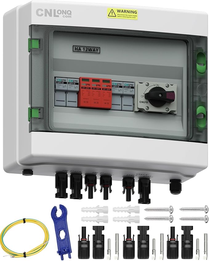 2 String Solar PV Combiner Box 2 in x20A 1 Out x 32A IP65 DC1000V 32A Disconnect Switch with Surge Protector and 20A PV Fuse, Circuit Breaker Outdoor IP65 Waterproof for Solar Panels System