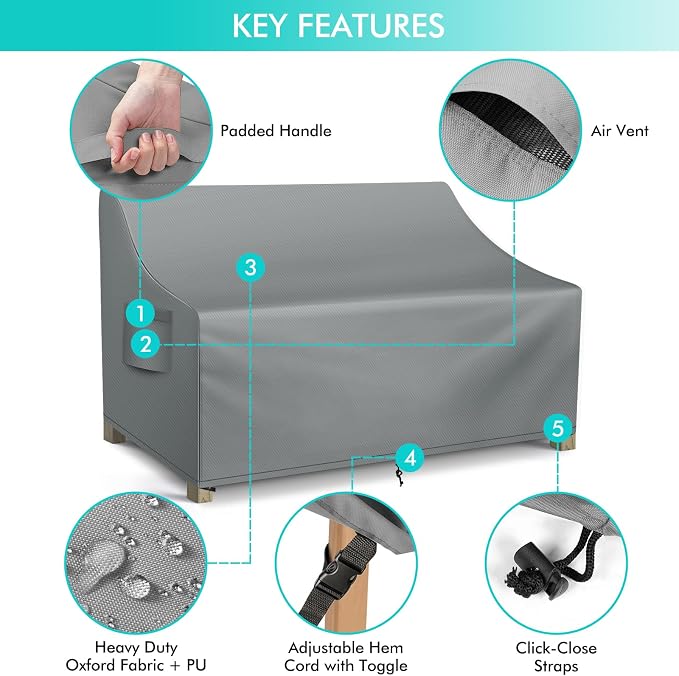 WLEAFJ Patio Sofa Cover Waterproof, Outdoor Loveseat Cover, Heavy Duty Deep Lounge Loveseat Cover, Large Lawn Patio Furniture Covers with Air Vent, 70’’ W x 38’’ D x 31’’ H, Grey