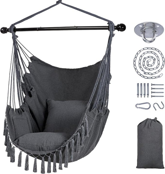 SUNCREAT Hammock Chairs Hammock Chair Swing with Steel Support Bar, Side Pocket, Large Swing Chair for Bedroom, Patio, Garden, Dark Gray