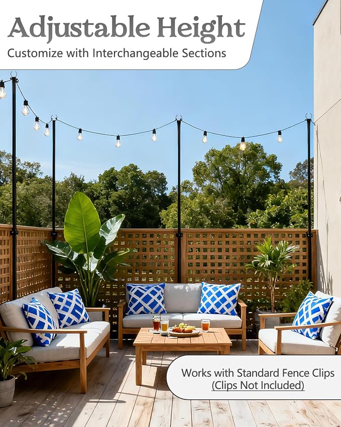 Breeze Touch 4-Pack 10 Ft Reinforced String Light Poles for Outdoor Use, Heavy-Duty Metal Poles with V-Fork Tops for Patio, Deck, Backyard, Garden, Wedding, Party