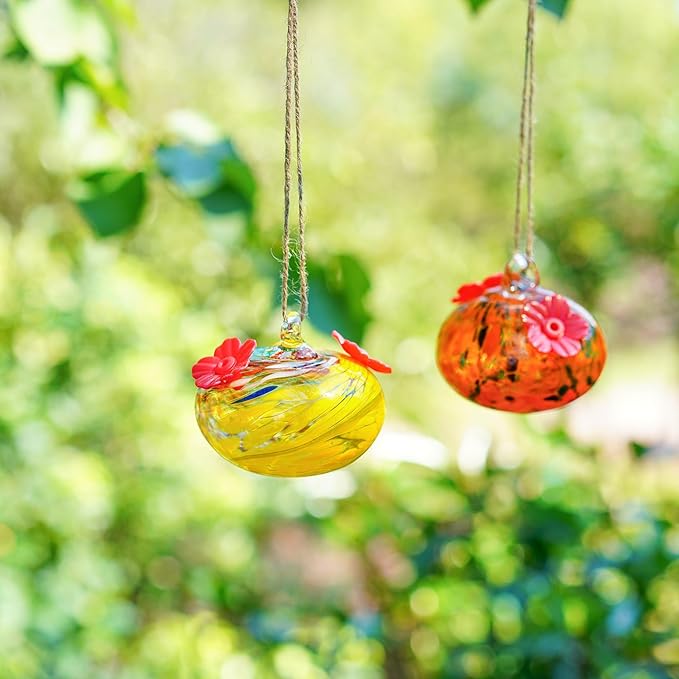 Set of 2 Hummingbird Feeders for Outdoors Hanging 3.2in Small Blown Glass Humming Bird Feeder for Window Humming Bird Feeders with 2 Flower Feeding Ports Decor for Outside Garden