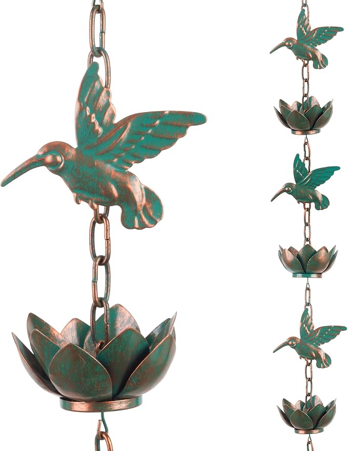Rain Chain for Gutters Downspouts Outside,8.8ft Hummingbird Rain Chain with 12 Copper Lotus Rain Chain Cups,Functional and Decorative Replacement