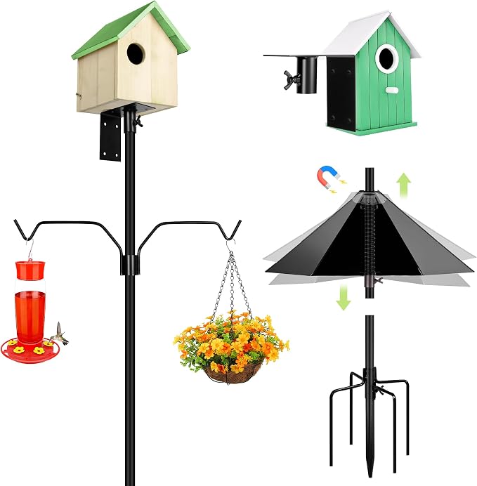YINGYM Bird Feeder Pole, 79 Inch Heavy Duty Bird House Pole Mount Kit for Outdoors, Adjustable Feeding Stand, with 2-Hooks, Metal Squirrel Baffle and 5-Prong Base, Black