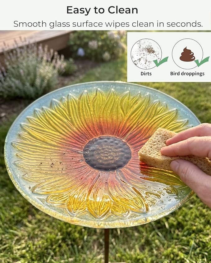 10.5" D Glass Bird Bath with Stake – Shallow Bird Bath for Outside Garden Backyard – Decorative Birdbath & Feeder for Patio Lawn – Hand-Painted Glass Water Dish, Sunflower