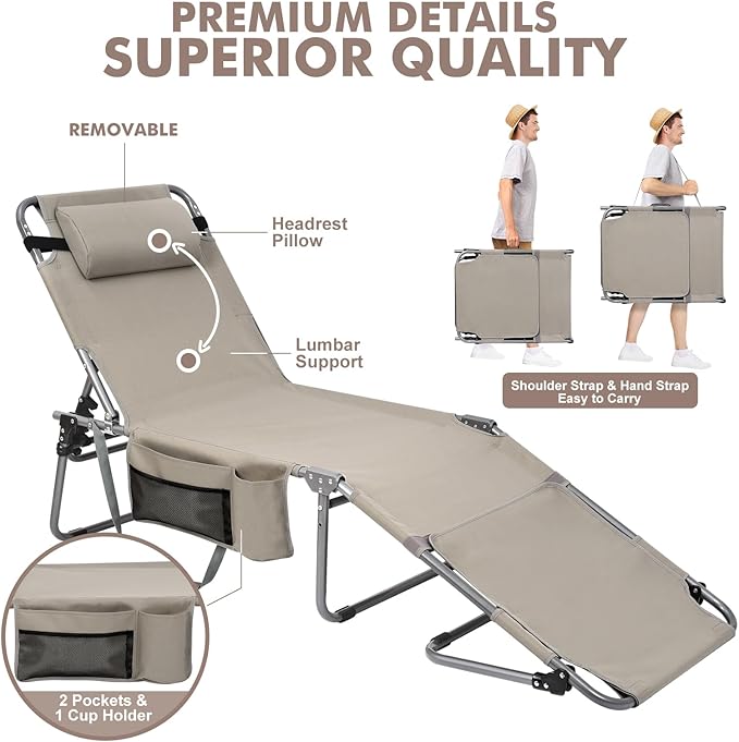 Tanning Chair with Sun Canopy Face Hole Softer Padded Adjustable Washable, Heavy Duty Layout Folding Lounge Chair for Adults Outside Beach Reading Sunbathing Poolside Lawn, UPF 50+ Sun Shade, 300 LBS