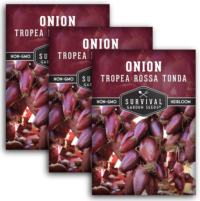 Tropea Rossa Tonda Onion Seeds for Planting – Sweet Italian Red Onion from Calabria with Torpedo Shape & High Yields – Heirloom, Non-GMO, Open-Pollinated – Survival Garden Seeds (3 Packs)