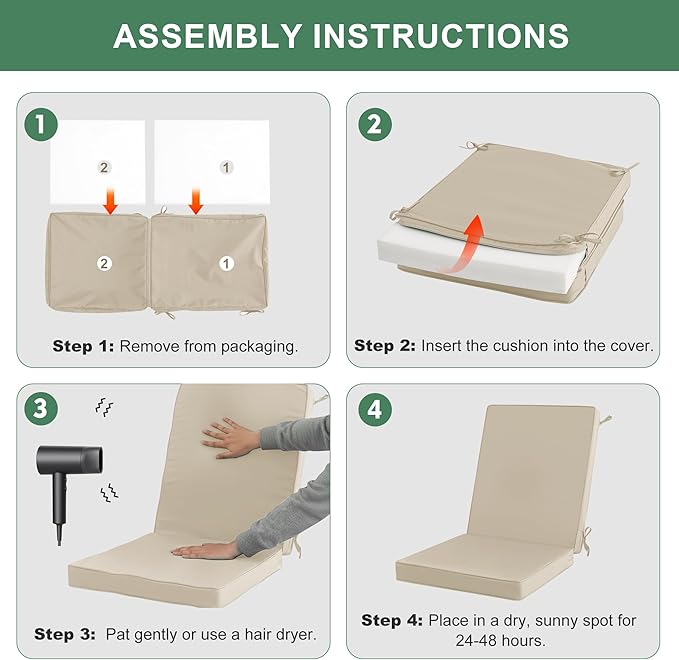 Summsun Outdoor Dining Chair Cushions 2 Pack, Water Resistant High Back Patio Seat Cushion Set with Ties, Removable Covers, Non-Slip Bottom for Garden Lawn Patio Furniture, 44 x 20 Inch, Cream
