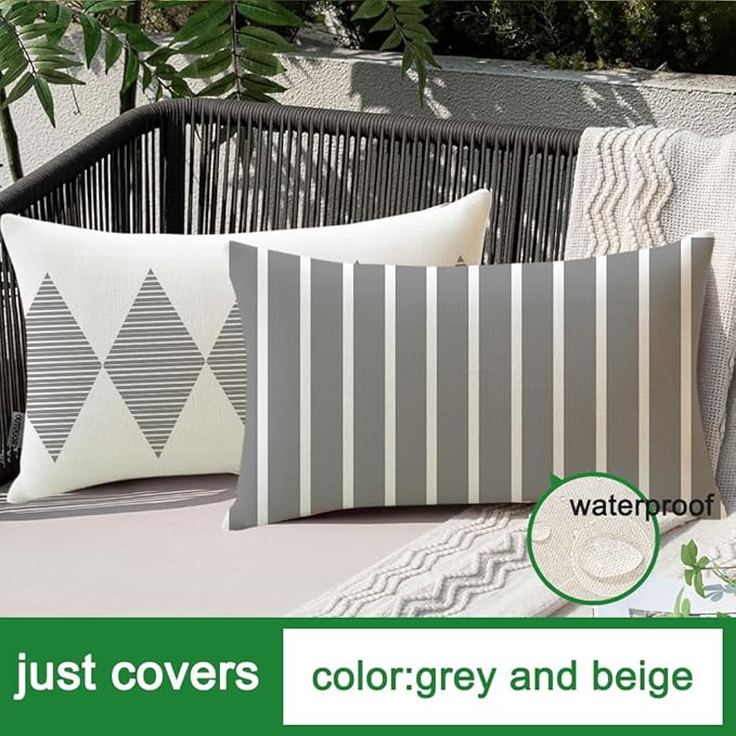 RABUSOFA Outdoor Pillows Covers 12x20 inch Waterproof,Grey and Beige Boho Lumbar Throw Cushion Case Set of 4 for Patio Furniture for Couch Sunbrella(Grey and Beige, 20" x 12" (Pack of 4))