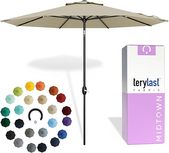 Midtown Umbrellas - 10-Year-No-Fade 8 Ft Patio Umbrella with Terylast Fabric, Auto-Tilt Aluminum Frame and 8 Reinforced Ribs for Deck, Pool, Garden & Beach - Chestnut Beige Canopy, Black Pole