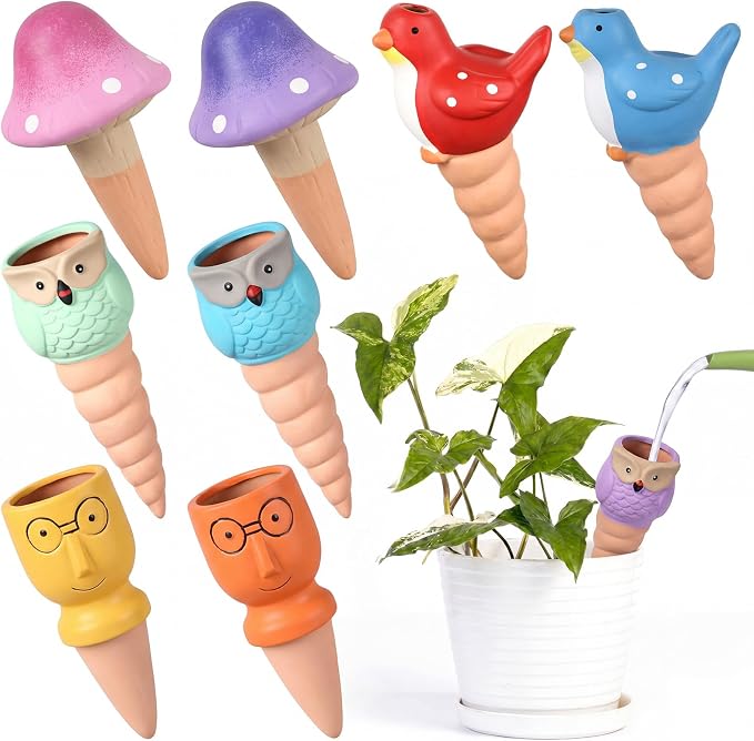 Domensi 8 Pack Terracotta Plant Watering Devices, Self Watering Spikes, Mushroom, Bird, Head, Owl-Shaped, Automatic Insert System Decorative Stakes, Cute Plant Spikes for Indoor Outdoor Plants