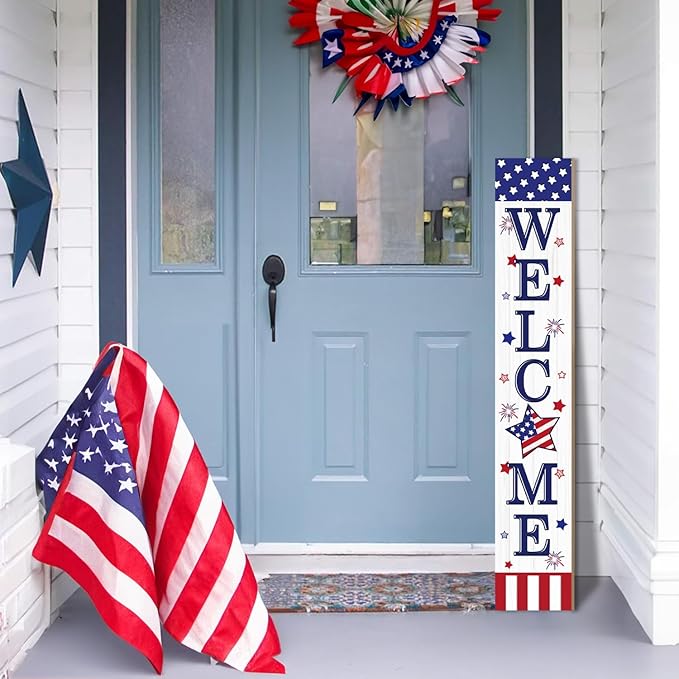 4th of July Welcome Sign for Front Porch, 250th Anniversary Memorial Day Wooden Porch Sign For Outdoor Patio, USA American Flag Standing Yard Sign Summer Door Signs for Garden Wall