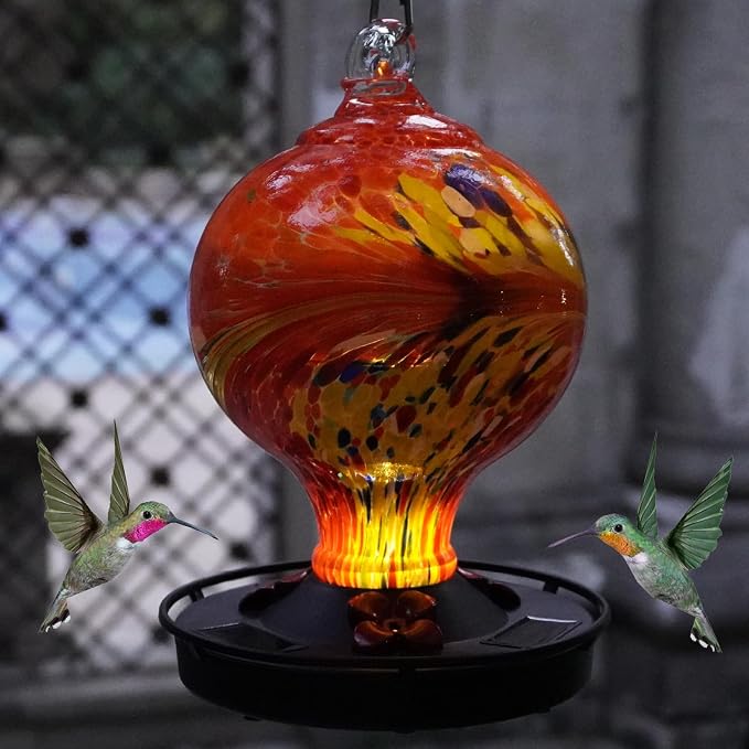 Hummingbird Feeder with Solar Lights for Outdoor Hanging - 27 oz Hand Blown Glass - Gift for Parents Who Have Everything, Red/Flame