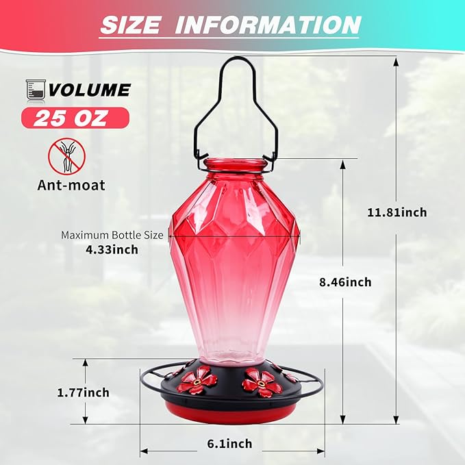 Glass Hummingbird Feeder for Outdoors Hanging, 25Oz Humming Bird Nectar Feeder, Perch, 5 Flower Feeding Ports, Leak Proof Base, Hook for Outside Garden Backyard, Gift for Women Mom, Diamond Red