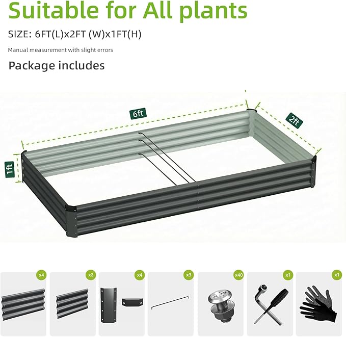 2PCS 6x2x1 FT Rectangle Metal Raised Garden Bed Kit, Elevated Garden Planter Box Outdoor, Large Planters for Outdoor Plants, Flower, Vegetables, Fruit, Herbs (Dark Gray)