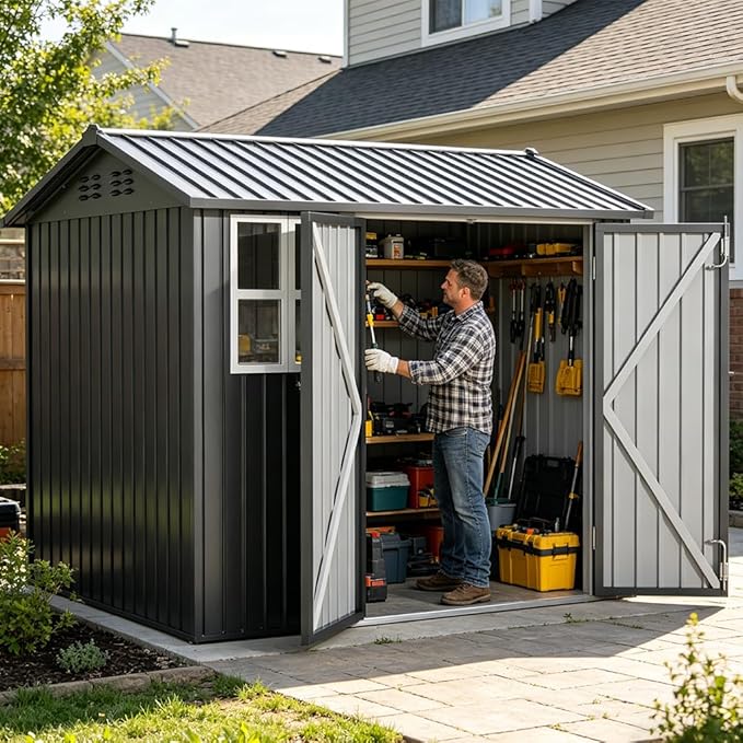 COMHOMA Outdoor Storage Shed with Window,Metal Lockable Garden Toolhouse, Ventilated Weather-Resistant Backyard Utility Workshop for Storage(Light Grey,8x6ft)