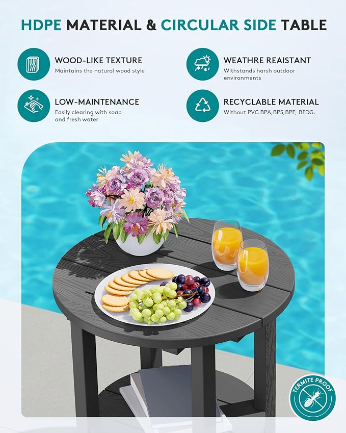 SERWALL Round Outdoor Side Table Set of 4, HDPE Small Adirondack Double End Table, Gary
