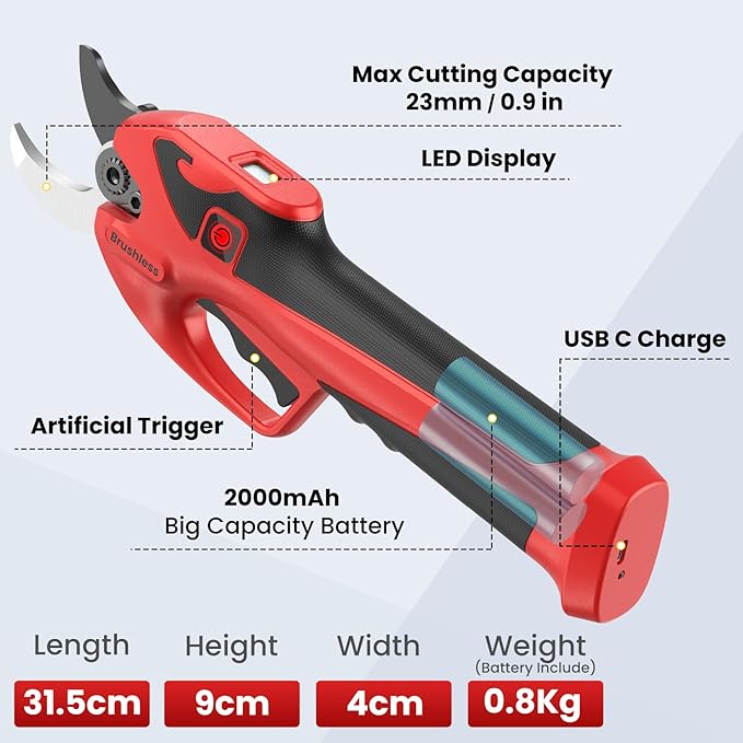 Brushless Electric Pruning Shears for 2 * 2000mAh Battery, Portable Cordless Pruning Shears with LCD Display＆SK7 Blades, Adjustable Cutting Diameter 0.8-1.1 Inch for Gardening Tree Pruning