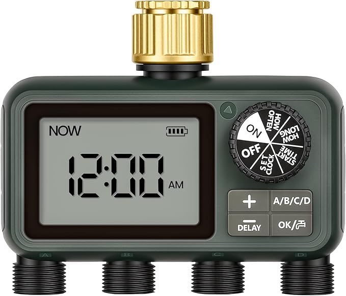 Brass Sprinkler Timer with Swivel, Programmable Water Timer for Garden Hose with Auto/Manual/Rain Delay Watering, Digital Irrigation System Kit,for Garden, Yard, Lawn 4 Outlet F14WT06