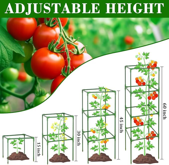 ZeeDix 2 Pack Heavy Duty Tomato Cages for Garden 60 Inches, Square Adjustable Tomato Trellis Cage Climbing Plant Support Trellis Plant Cages for Climbing Vegetables Flowers with 20Pcs Clips