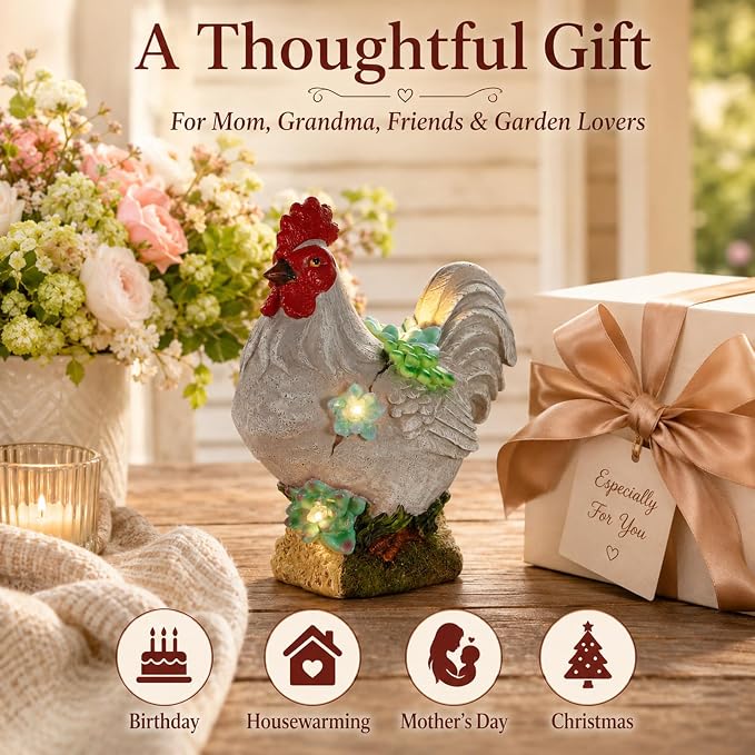 mocosa Solar Garden Statues Gray Rooster and LED Lights Birthday Gifts for Women Mom Grandma Solar Outdoor Cat Decor for Outside,Outdoor Solar Lights for Yard, Garden and Patio, Unique Gift for Women