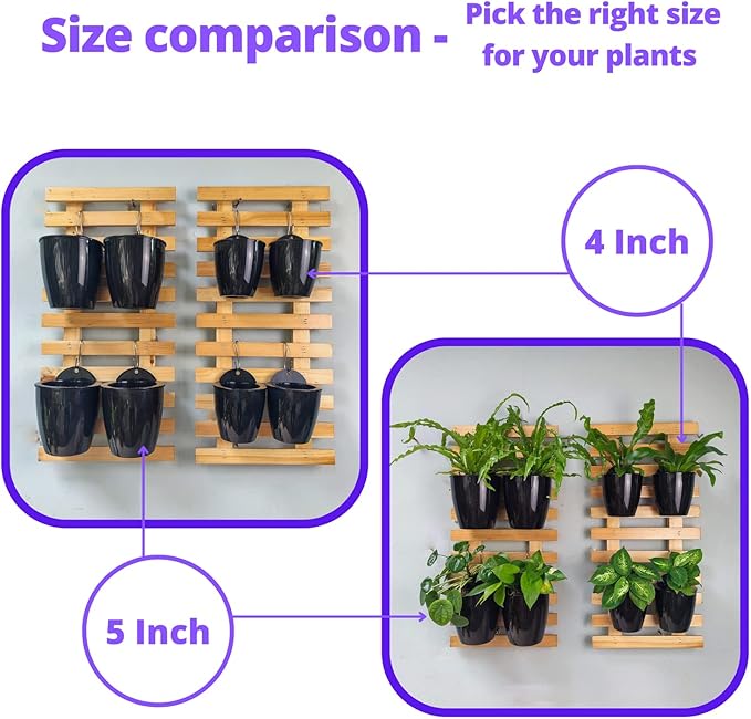 ShopLaLa Bundle - 4 Inch Black Self Watering Pots x 10 Pack+ Wooden Plant Holder, Indoor Vertical Wall Garden, Living Plant Wall Herb Garden Vertical System, Wall Mount Hydroponic Wall Pots