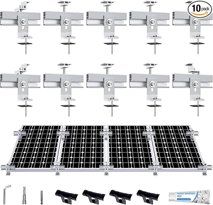 Solar Panel Mounting Bracket Kit, 10Pcs Solar Panel Mount for 1-4pcs Thickness 1.4” Solar Panels, with 10x 6 mini Rails 4X Water Drain Clips for Shingle,Slate,Metal and Tin roof
