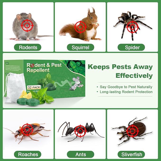 Mouse Rodent Repellent, 32 Pack Peppermint Oil Mice Repellent for Mice, Rats, Squirrels, Spiders and Pests, Indoor/Outdoor Natural Mouse Deterrent, Keeps Rodent Away from Garden & Home (Mint)