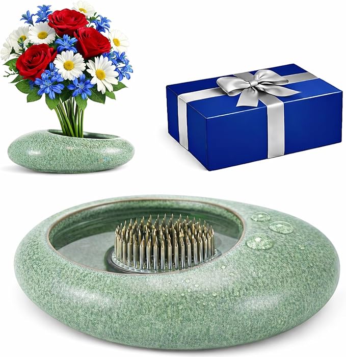 Flower Frog Vase Kit – Japanese-Inspired Arita-Style Glazed Ceramic Ikebana Vase with Kenzan & Gift Box, for Floral Arranging, Home & Office Decor, Relaxing Ambience (Green Large)