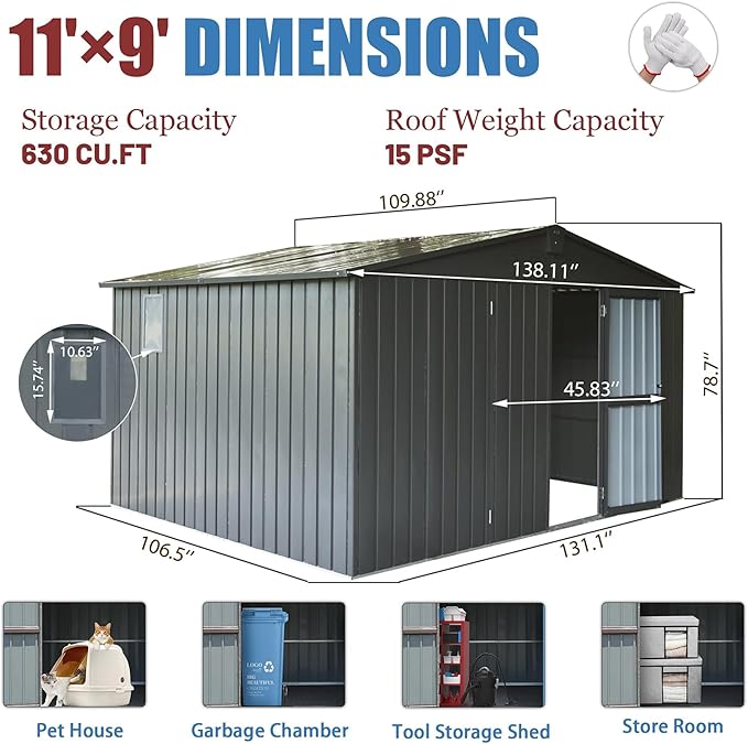 Christopher Knight Home Avonn Backyard Storage Shed 11'x 9' with Galvanized Steel Frame & Windows, Outdoor Garden Shed Metal Utility Tool Storage Room with Lockable Door for Patio(Dark Gray)