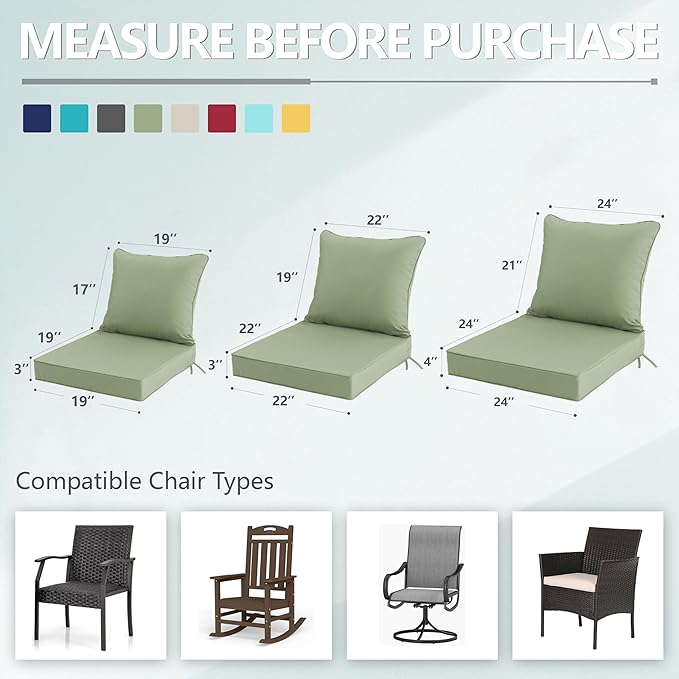 24x24 Inch Outdoor Chair Cushion with Removable Cover, Patio Furniture Cushion - Water-Repellent, Fade-Resistant, Non-Slip Bottom & Straps, Replacement for Deep Seat Sofa & Couch - Sage Green