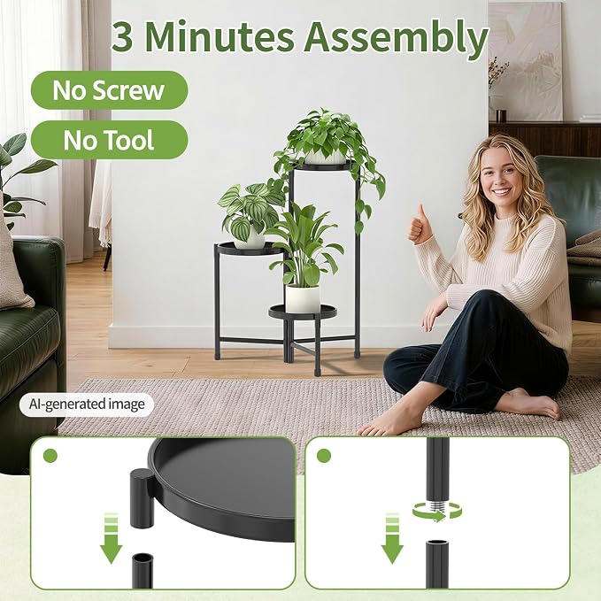LASZOLA 3 Tier Large Plant Stand Indoor Tall with 10 Inch Metal Tray, Corner Folding Flower Display Rack, Modern Plant Holder Shelf for Outdoor Patio Porch Garden Office Living Room, Black
