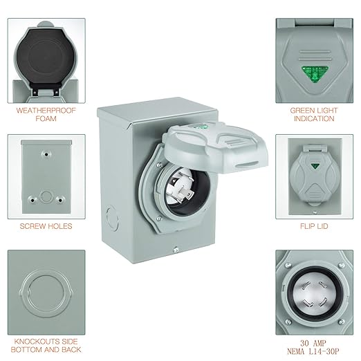Miady 30 Amp Generator Power Inlet Box, L14-30P, 125/250 Volt, for Generators Up to 7500 Watts, Weatherproof, ETL Listed