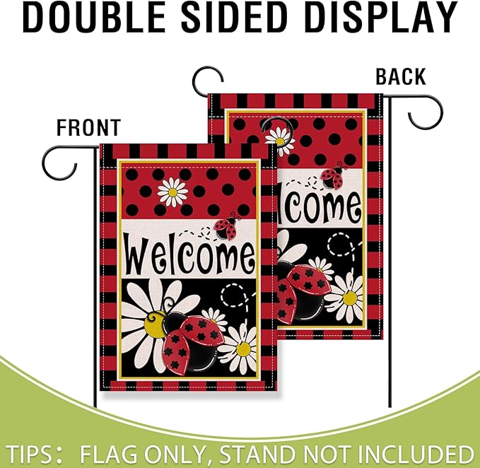 Artofy Welcome Spring Summer Ladybug Daisy Flower Small Decorative Garden Flag, Red Black Polka Dots Yard Lawn Outside Decor, Seasonal Burlap Outdoor Home Decoration Double Sided 12 x 18