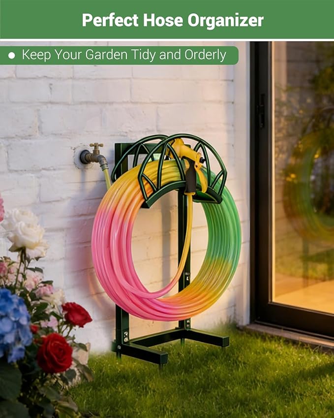 HZE Garden Hose Holder, Freestanding Water Hose Holder Stand for Outside, Heavy Duty Detachable Metal Garden Tube Storage Hanger Rack Holds 160 FT for Yard Lawn Farm, Green