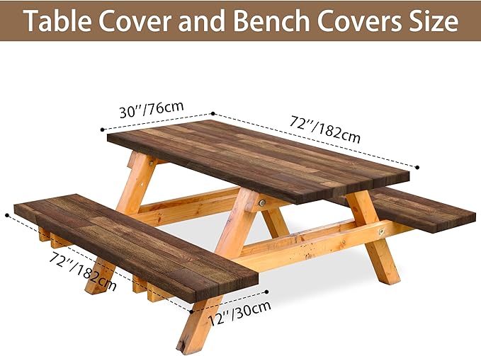 Picnic Table Cover with Bench Covers Camping Essentials Wooden Brown Outdoor Table Cloth with Elastic Rustic Waterproof Fitted Camping Tablecloth for RV Picnic Travel