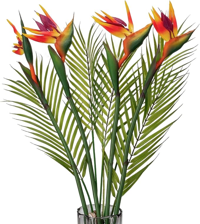 5Pcs 31.5Inch Artificial Birds of Paradise Plant Faux Birds of Paradise Stems for Vases with Palm Leaves for Wedding Home Party Hotel Table Centerpiece Indoor Outdoor Vases Decor(Green)