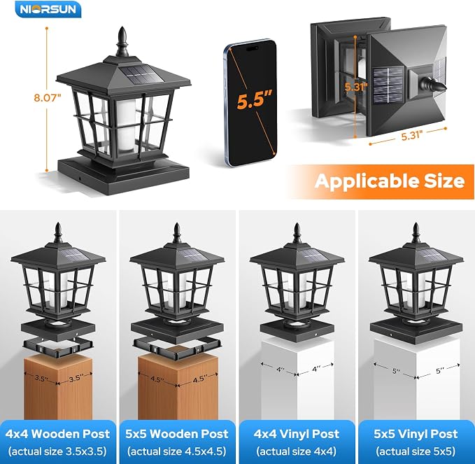 NIORSUN Solar Post Lights Outdoor, Fence Post Solar Lights with Flickering Flame Light, Waterproof, Garden Patio Fence Deck Decor, 4x4 Posts Caps, 4x4, 5x5 Wooden & Vinyl (6 Pack, Black)