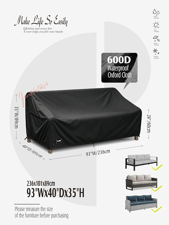 JinHrtoyi 3-Seater Outdoor Couch Cover, 93Wx40Dx35H inches Outdoor Furniture Covers Waterproof,100% Waterproof Heavy Duty Patio Furniture Covers,Black Minimalism Style Outdoor Sofa Cover