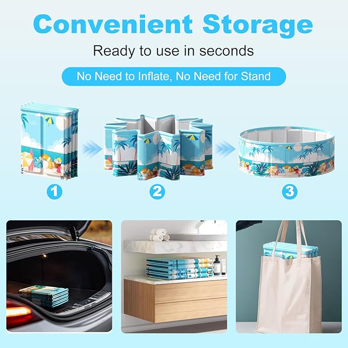 Foldable Swimming Pool for Kids 62.9"x17.7" Hard Plastic Portable Dog Pool Anti-Slip Collapsible Pets Bathtub Kiddie Pool Indoor Outdoor Backyard (Beach Party 63'')